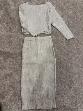Zara Light Gray Textured Crop Top & Midi Skirt Set
